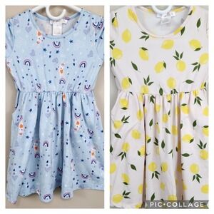 EMMA & ELSA Soft Lemon Novelty Print Bunny Rainbow Hearts Dress Lot x2 SZ 4T